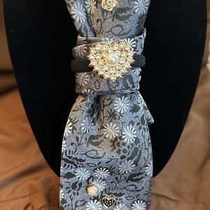 Grey Floral Silk Tie with Gold Rhinestone Accent